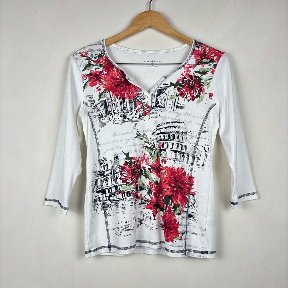 Karen Scott Sport White 3/4 Sleeve T Shirt Small Y2K Rhinestones Fairy Grunge